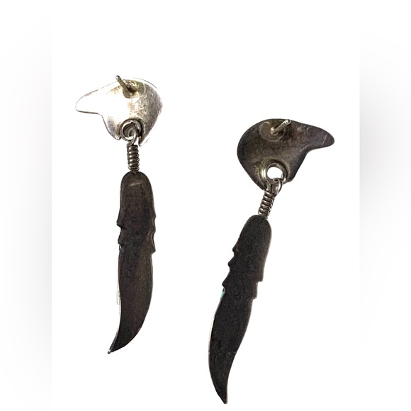 Native American Navajo Sterling Turquoise Mosaic Stone Feather Bear Earrings - Picture 6 of 7